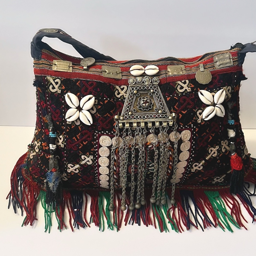 Vintage Afghan Kuchi Banjara Shoulder Bag Cowrie Shells Amulet Fringe Boho Purse